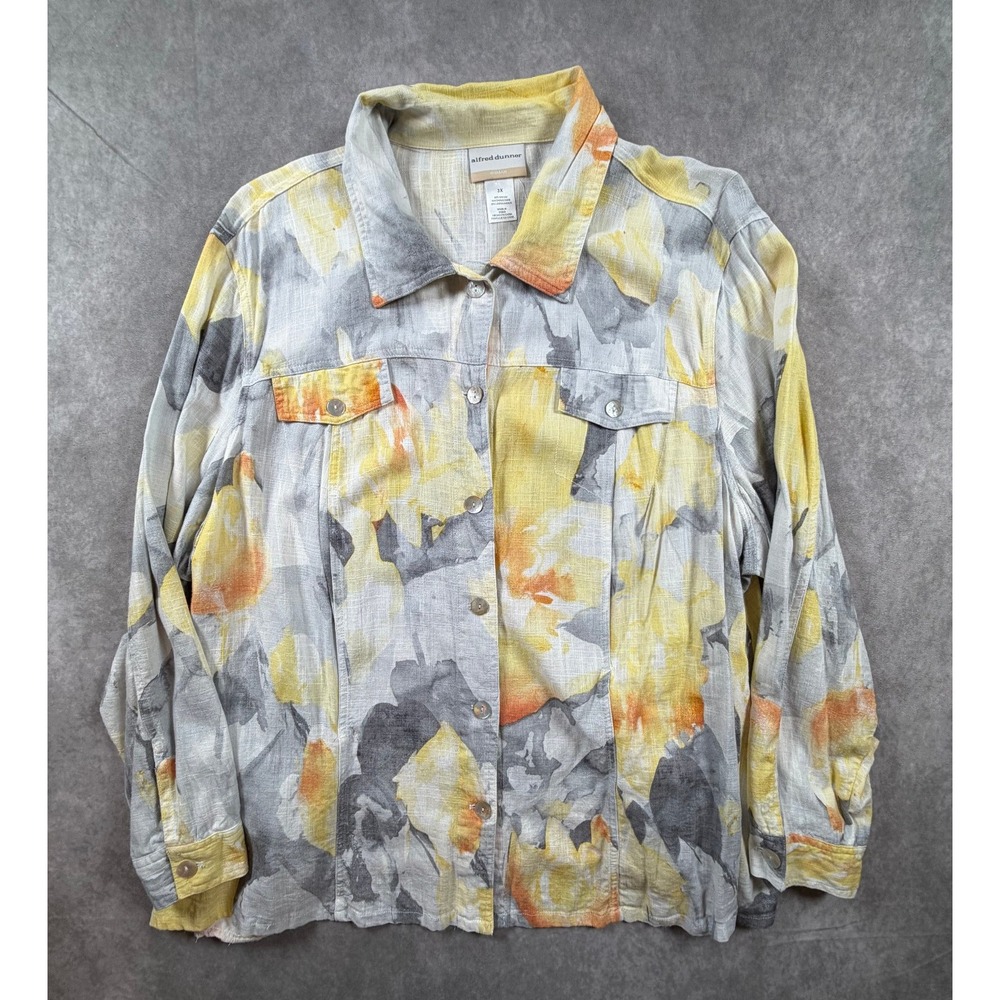 Alfred Dunner Womens 3X Jacket Linen Blend Yellow Gray Abstract Button Up